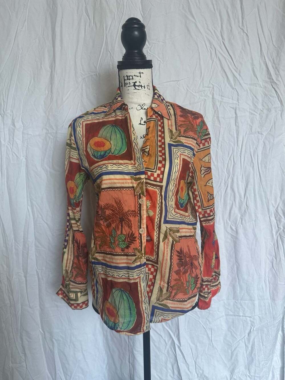 Calypso St. Barth Women's Long Sleeve Button-Down Shirt in Tropical Scarf Print